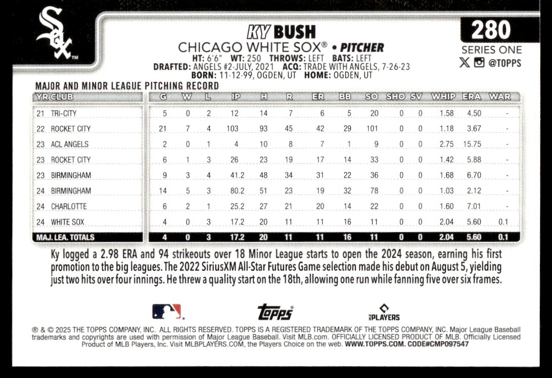 KY BUSH 2025 Topps Series 1 Rookie RC Card #280 Chicago White Sox