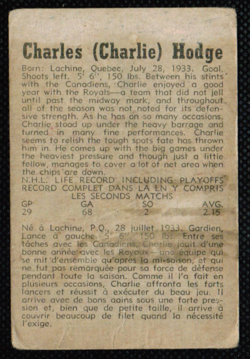 1958-59 Parkhurst Charlie Hodge #17 card back image