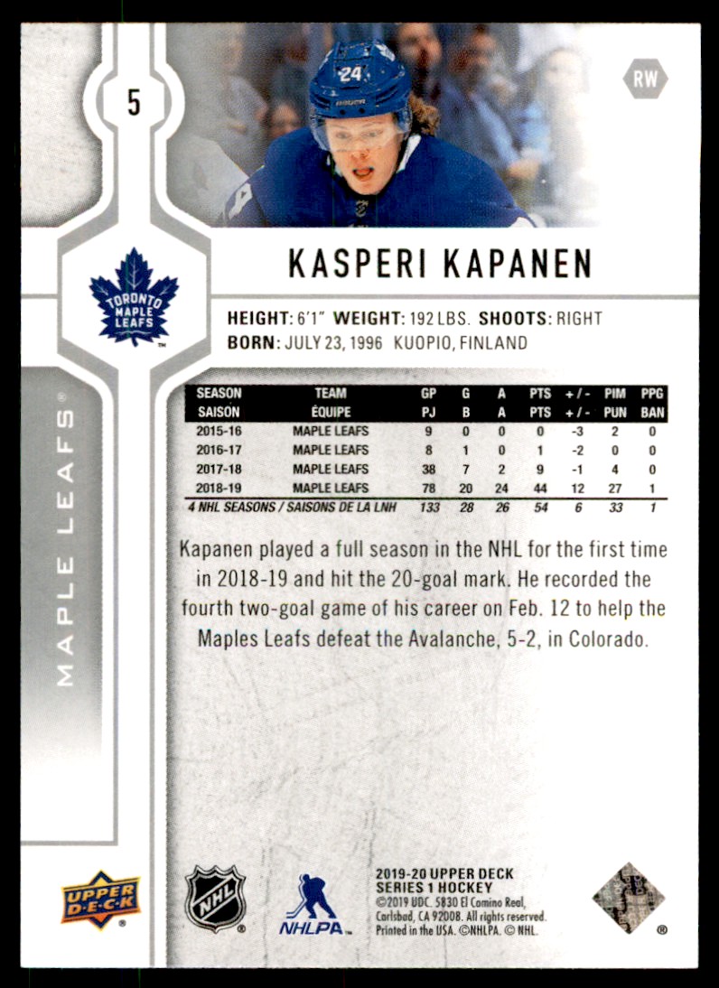 2019-20 Upper Deck Kasperi Kapanen #5 card back image