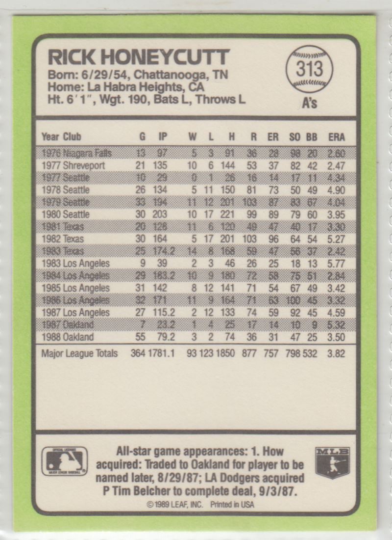 1989 Donruss Baseball's Best Rick Honeycutt #313 card back image
