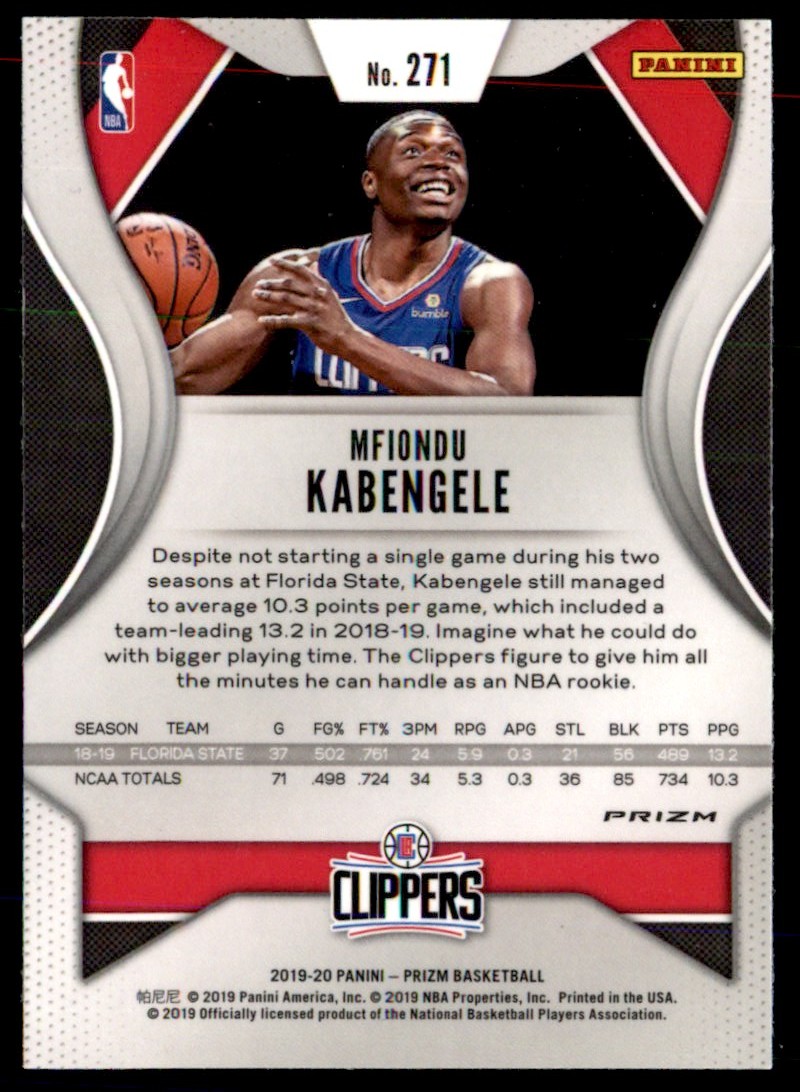 2019-20 Panini Prizm Prizms Pink Ice Mfiondu Kabengele #271 card back image
