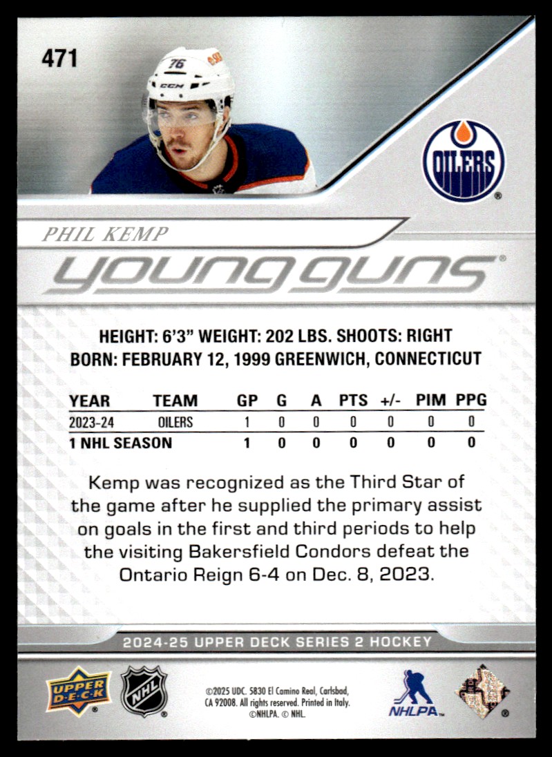 2024-25 Upper Deck Young Guns Phil Kemp #471 card back image