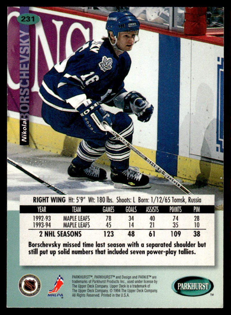 1994-95 Parkhurst ! Nikolai Borschevsky #231 card back image