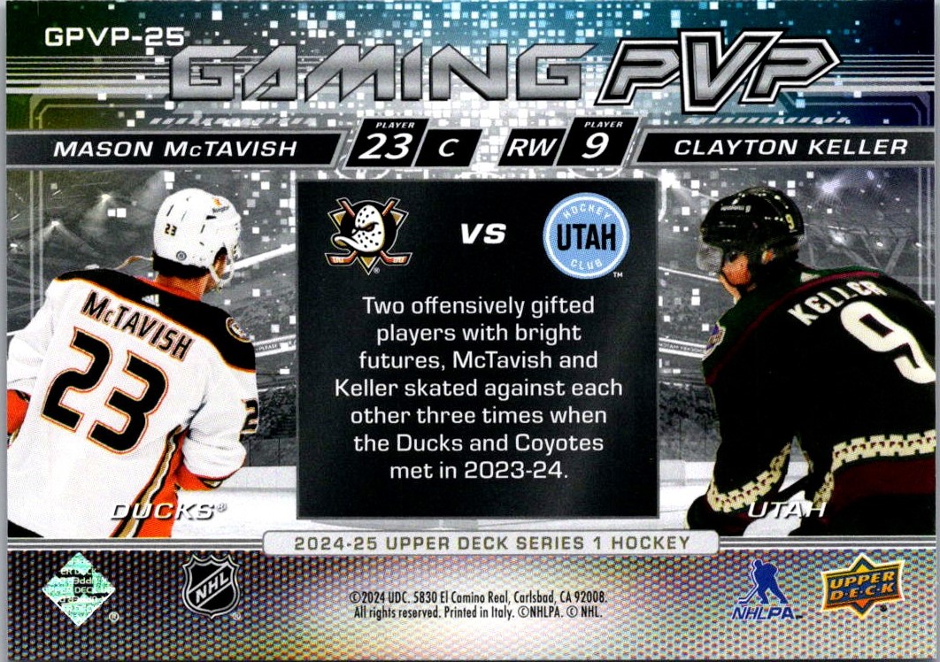 2024-25 Upper Deck Gaming PVP Mason McTavish / Clayton Keller #GPVP-25 card back image