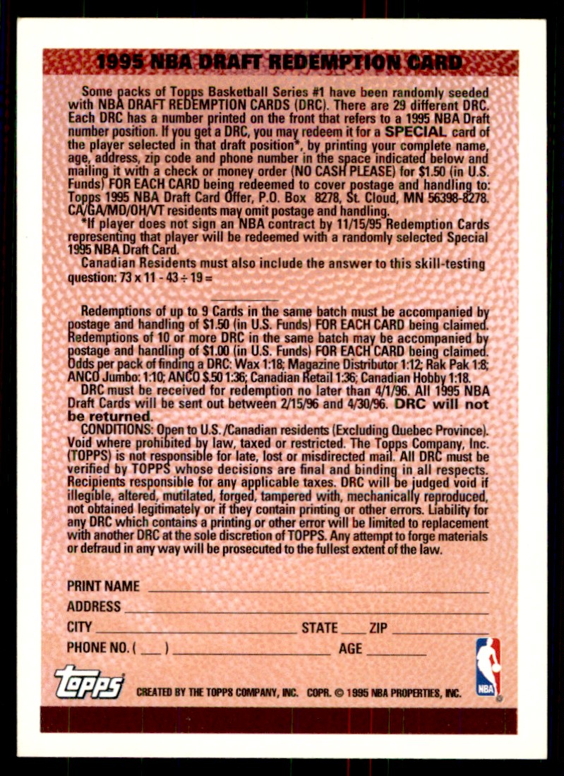 1996-97 Topps NBA Draft Redemptions NBA Draft Redemption #1