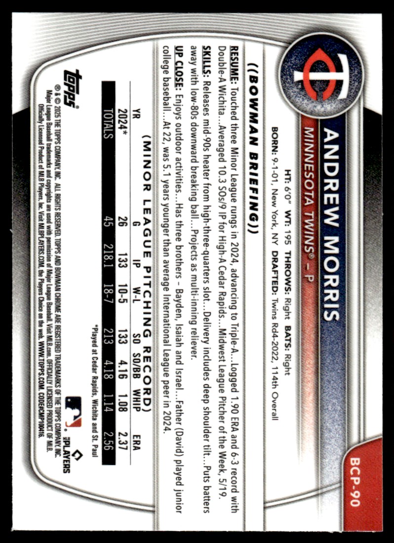 2025 Bowman Chrome Prospects Andrew Morris #BCP-90 card back image