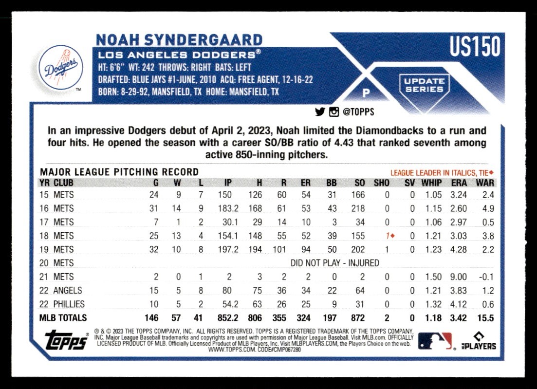 2023 Topps Update Noah Syndergaard #US150 card back image