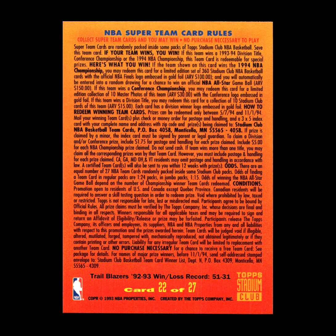 NBA SUPER TEAM 1993-94 Topps Portland Trail Blazers #22 R328E 54
