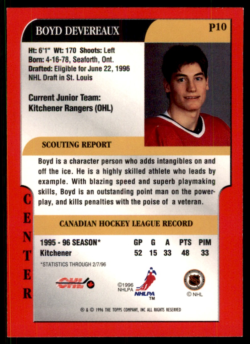 1995-96 Bowman Draft Prospects Boyd Devereaux #P10 card back image