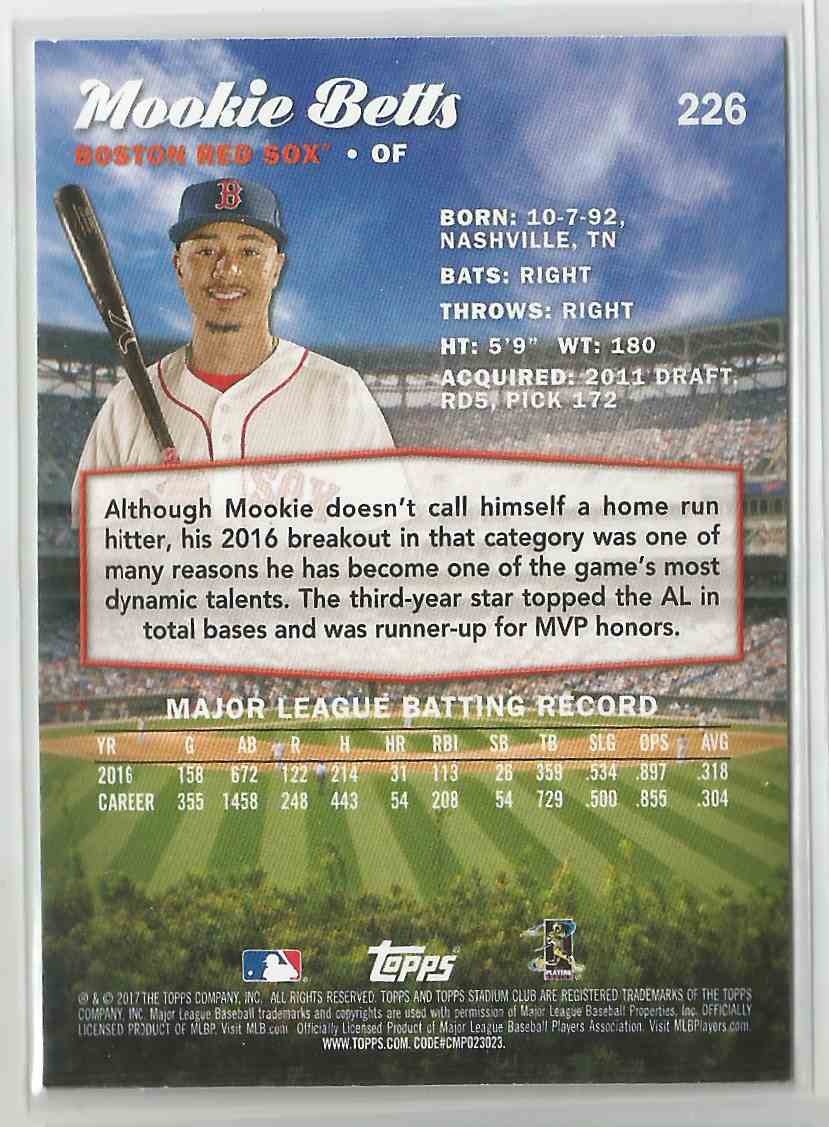 2017 Topps Stadium Club #226 Mookie Betts Boston Red Sox Baseball Card
