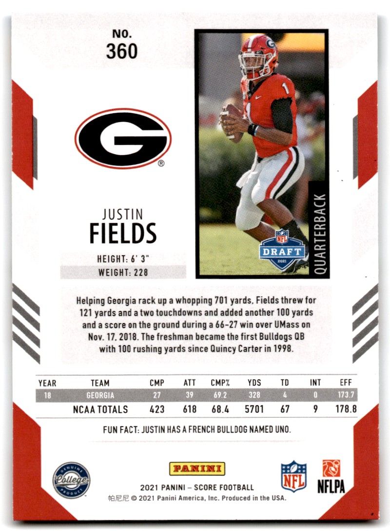 2021 Score Justin Fields #360 card back image