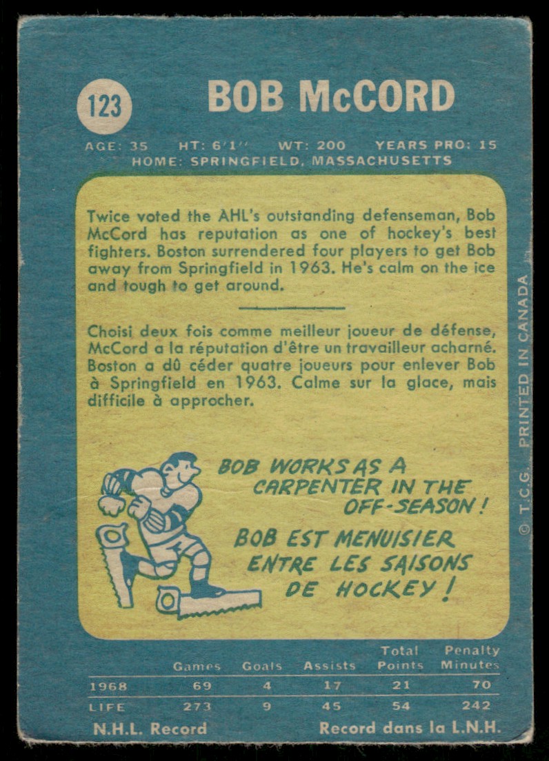 1969-70 O-Pee-Chee Hockey OPC Bob McCord #123 card back image