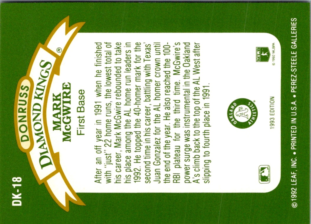 1993 Donruss Diamond Kings Mark McGwire #DK-18 card back image