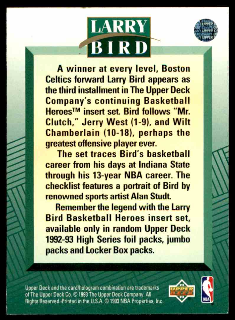1992-93 UD Basketball Heroes Header Card Larry Bird card back image