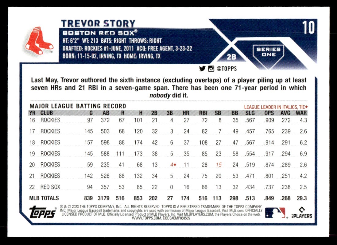 2023 Topps ! Trevor Story #10 card back image
