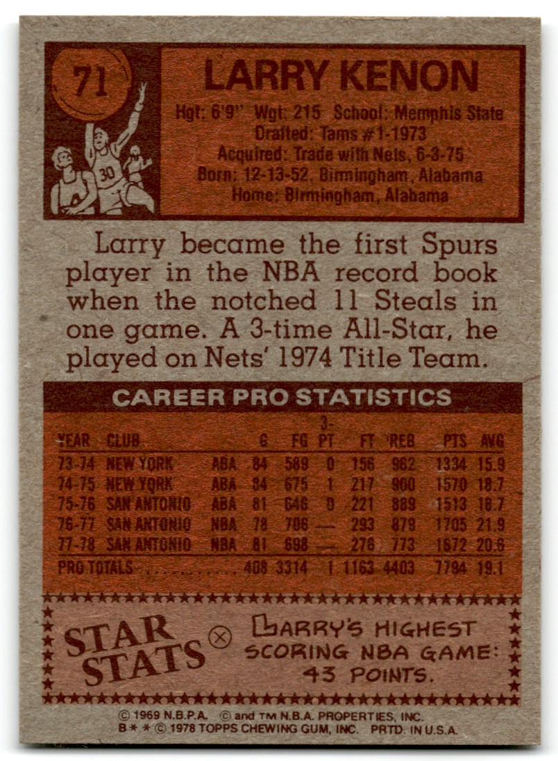 1978-79 Topps Larry Kenon #71 card back image