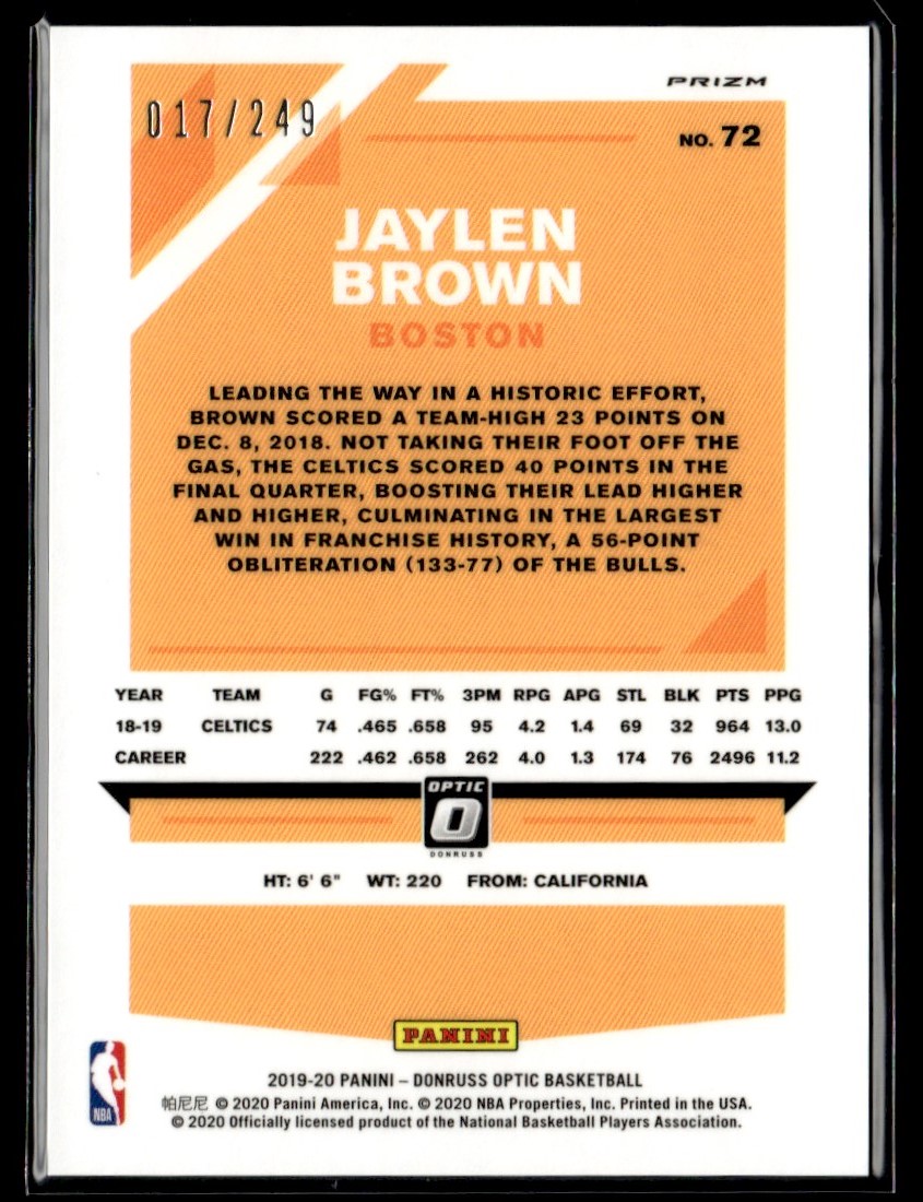 2019-20 Donruss Optic Premium Box Set Jaylen Brown #72 card back image