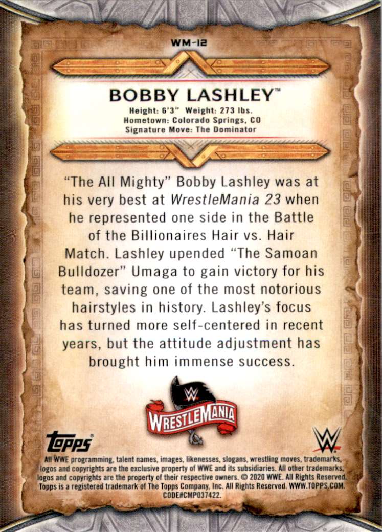2020 Topps Wwe Road To WrestleMania WrestleMania Roster Wrestling Card Bobby Lashley #WM-12 card back image