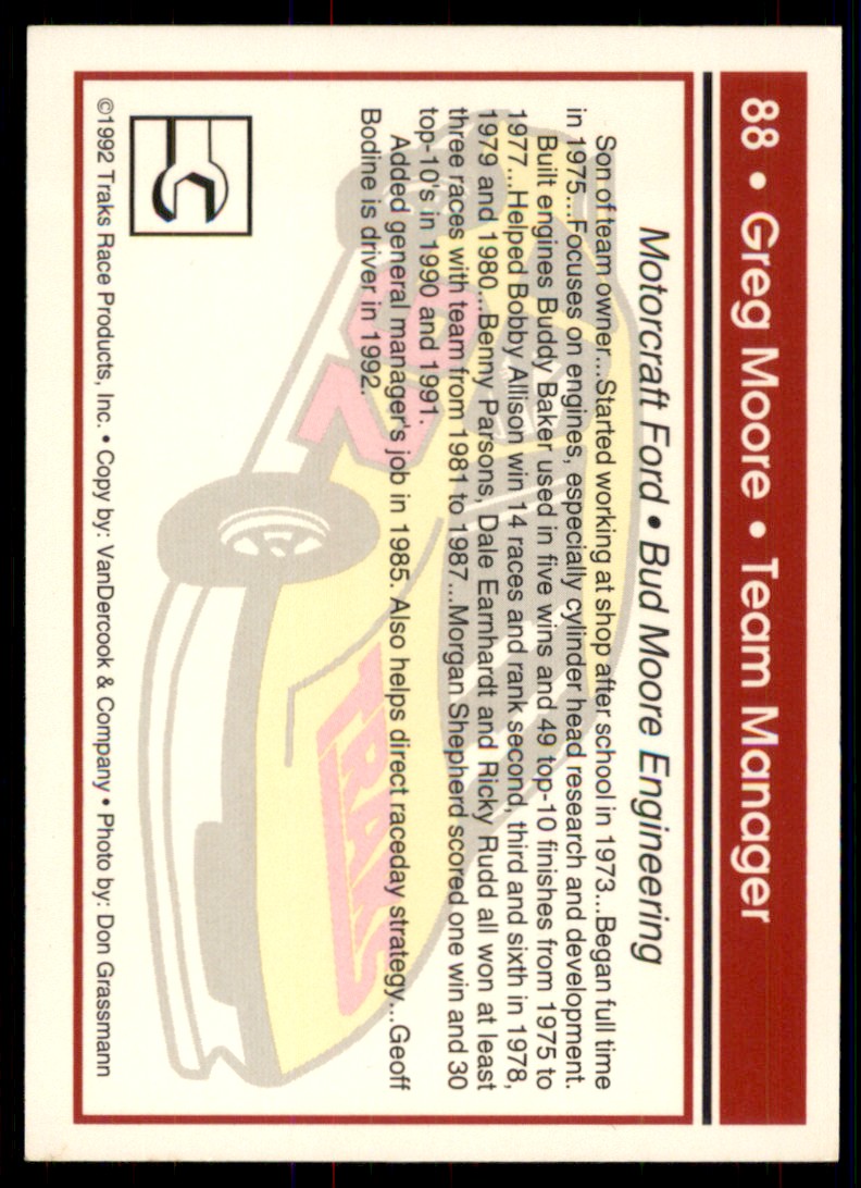 1992 Traks Greg Moore #88 card back image