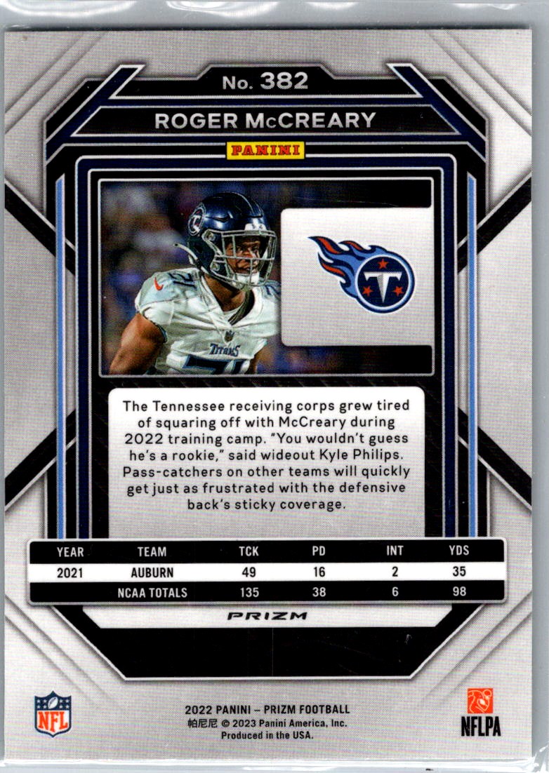 2022 Panini Prizm Green Roger McCreary #382 card back image