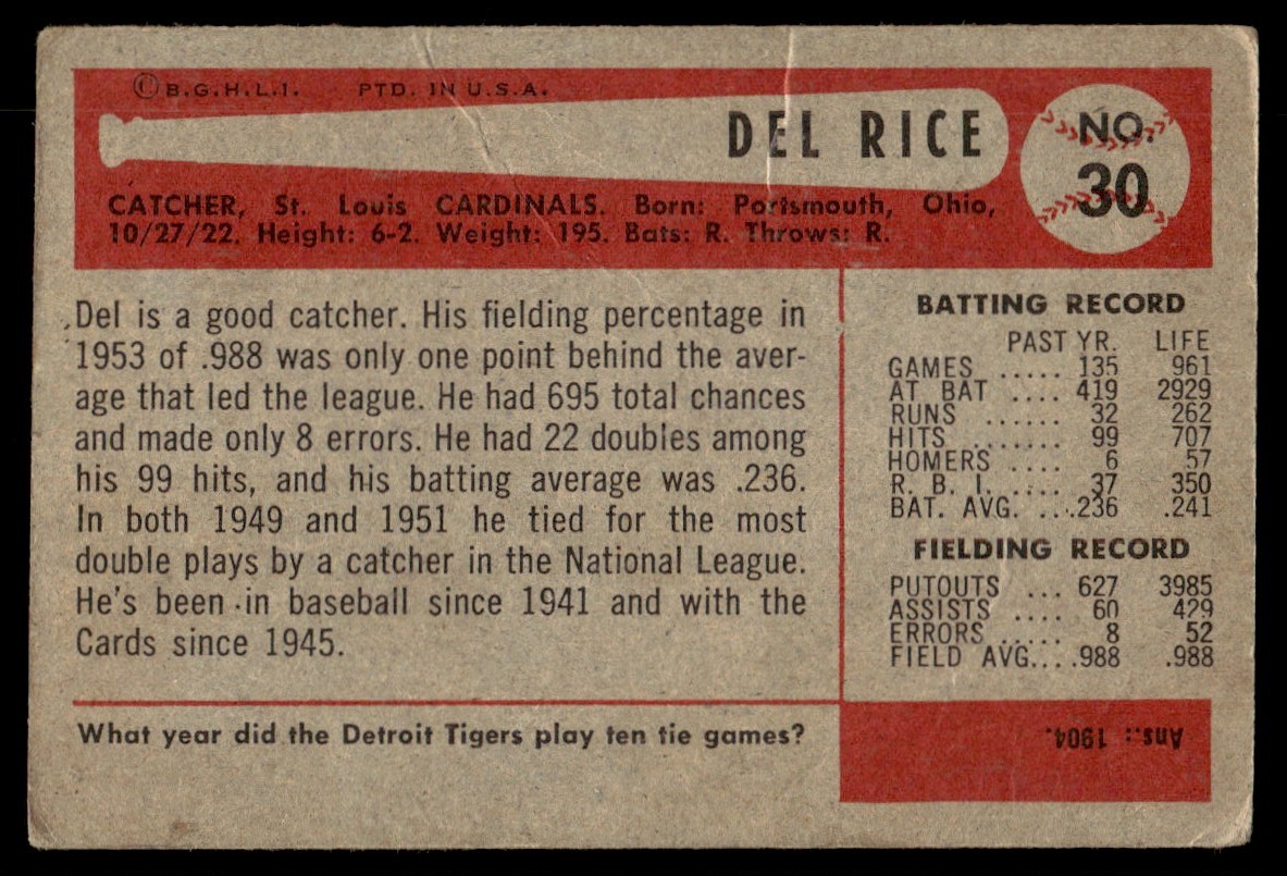 1954 Bowman Del Rice Jr. #30 card back image