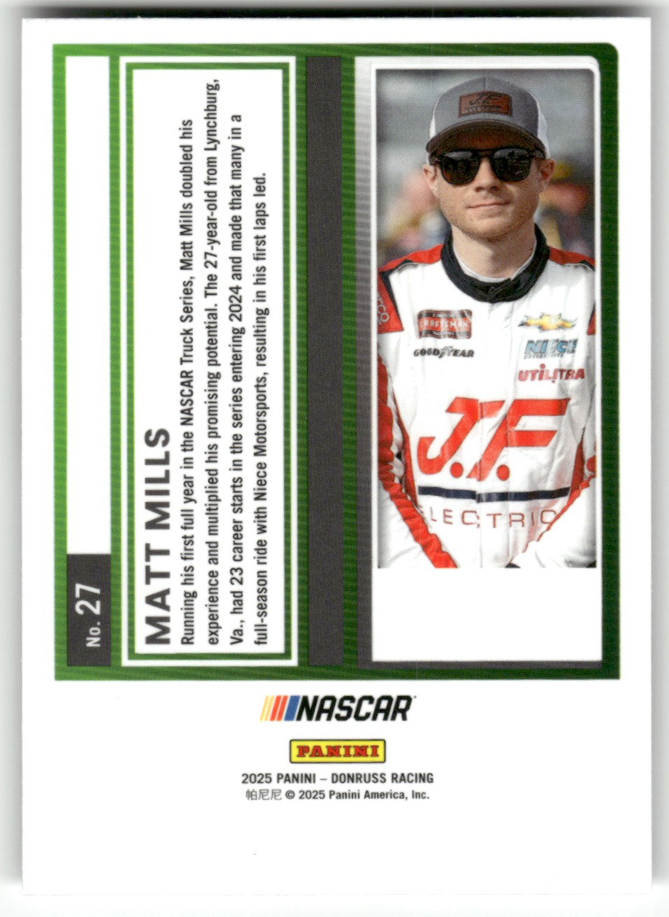 2025 Donruss NASCAR Optic MATT MILLS #27 card back image