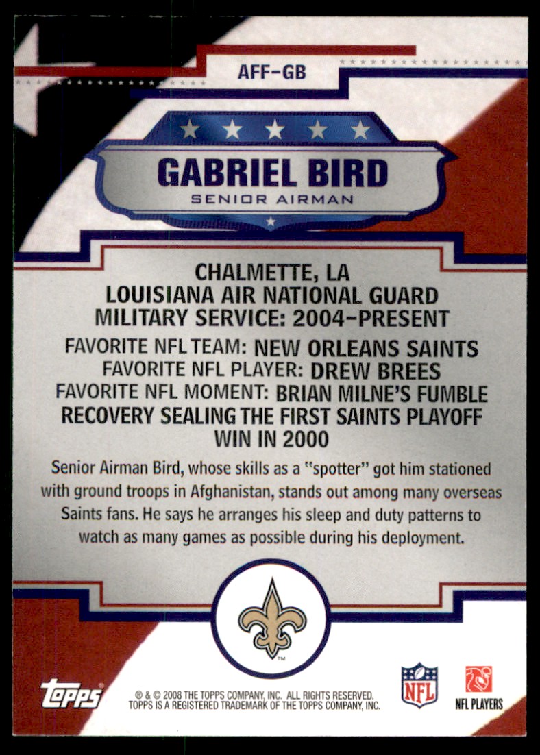 2008 Topps Armed Forces Fans of the Game Senior Airman Gabriel Bird #AFF-GB card back image