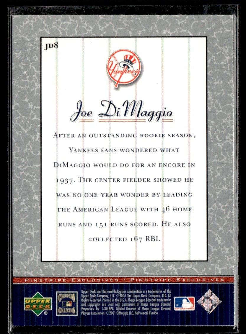 2001 Upper Deck Decade 1970's Pinstripe Exclusives DiMaggio Joe DiMaggio #JD8 card back image