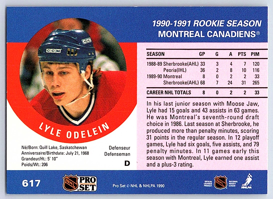 1990-91 Pro Set Lyle Odelein #617 card back image