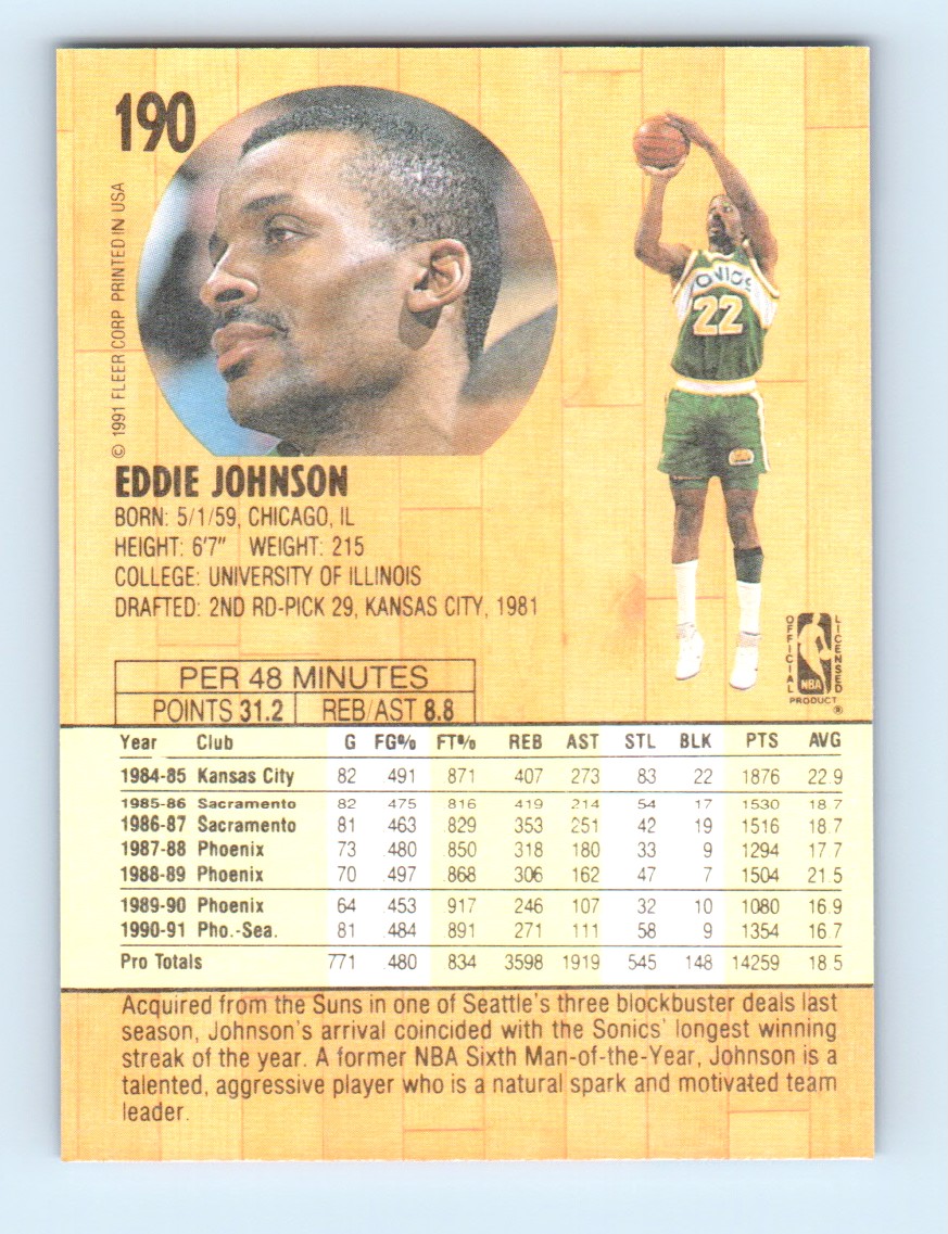 1991-92 Fleer ! Eddie Johnson #190 card back image