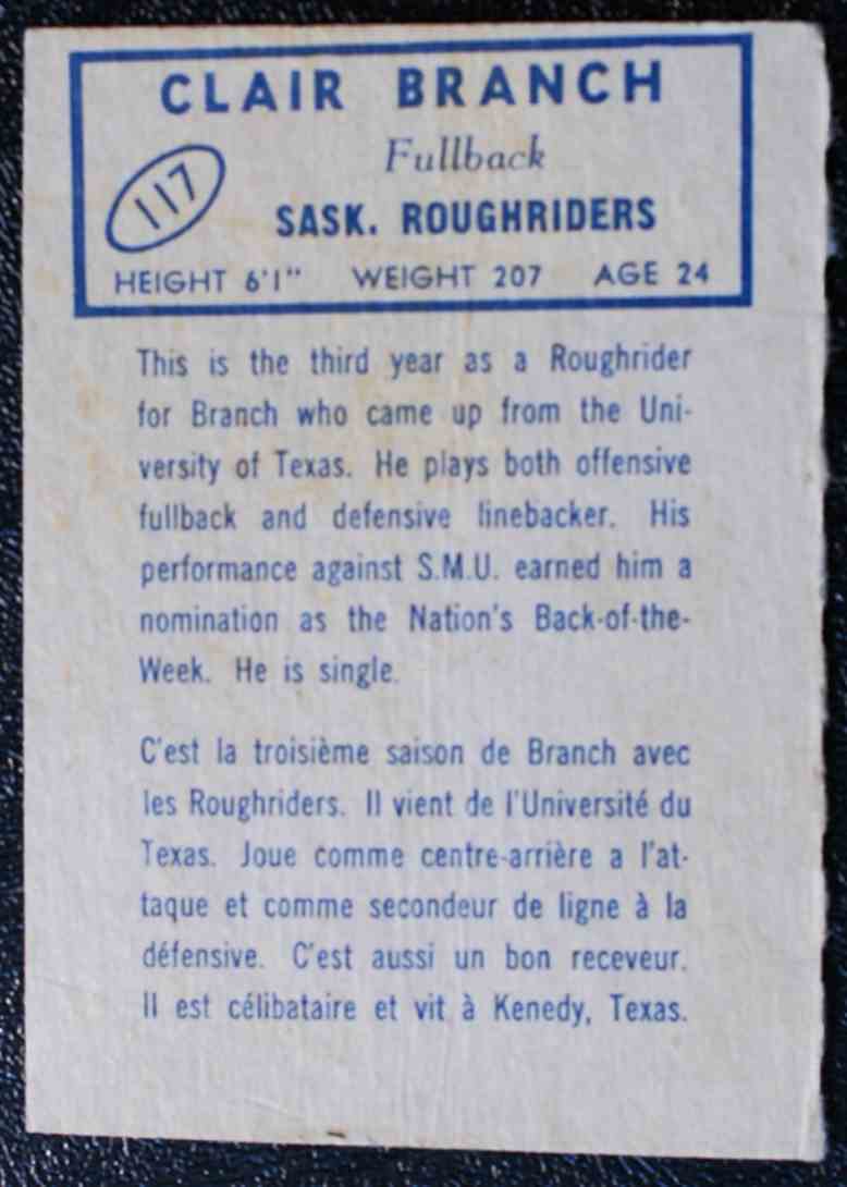 1962 Topps Cfl Vg Clair Branch 117 On Kronozio