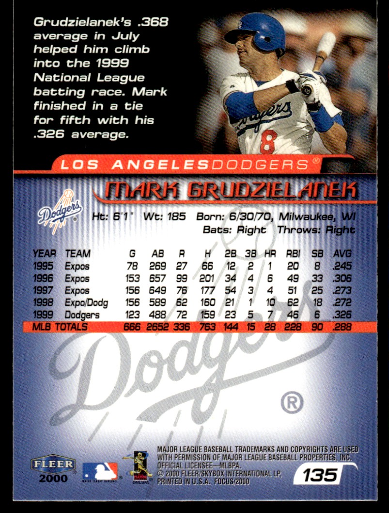 2000 Fleer Focus Mark Grudzielanek #135 card back image