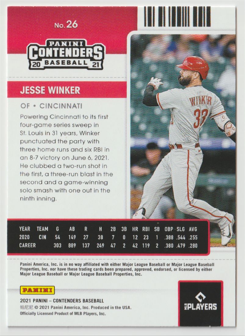 2021 Panini Contenders Season Ticket Red Jesse Winker #26 card back image