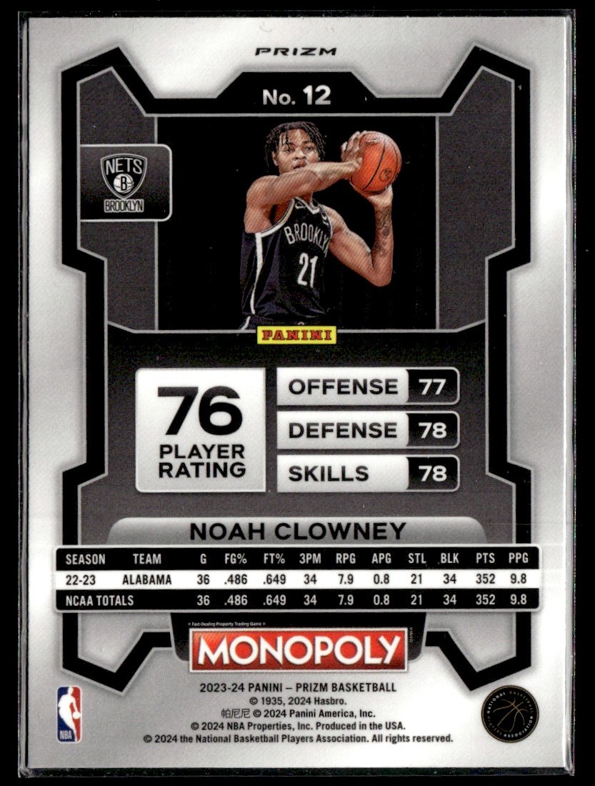 2023-24 Panini Prizm Monopoly Purple Noah Clowney #12 card back image
