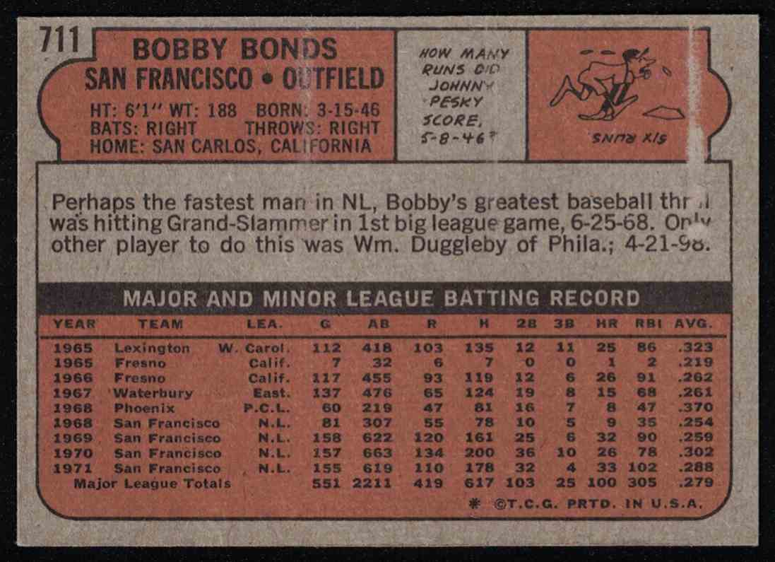 1972 Topps Bobby Bonds EX-MT+ Paper Loss on back #711 on Kronozio