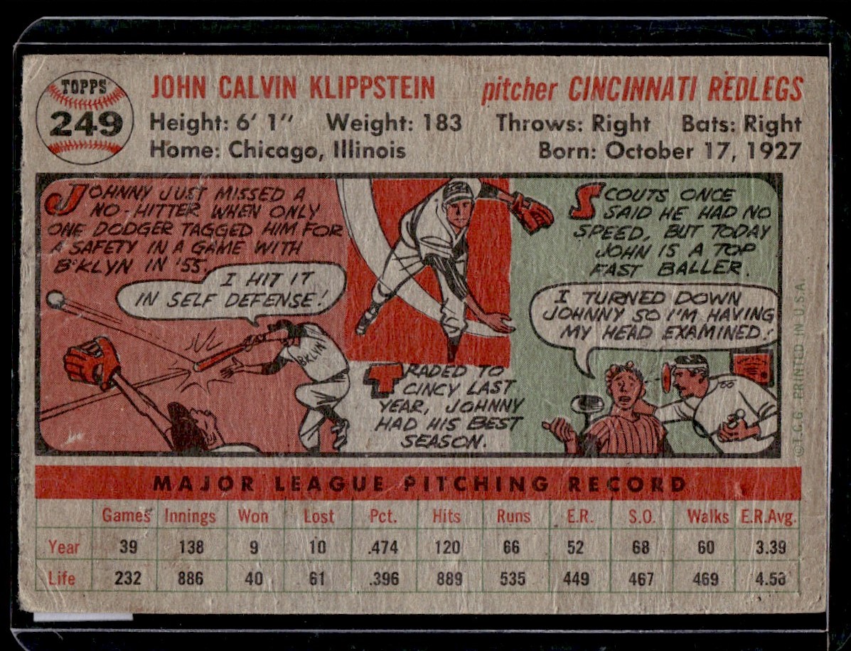 1956 Topps Johnny Klippstein #249 card back image