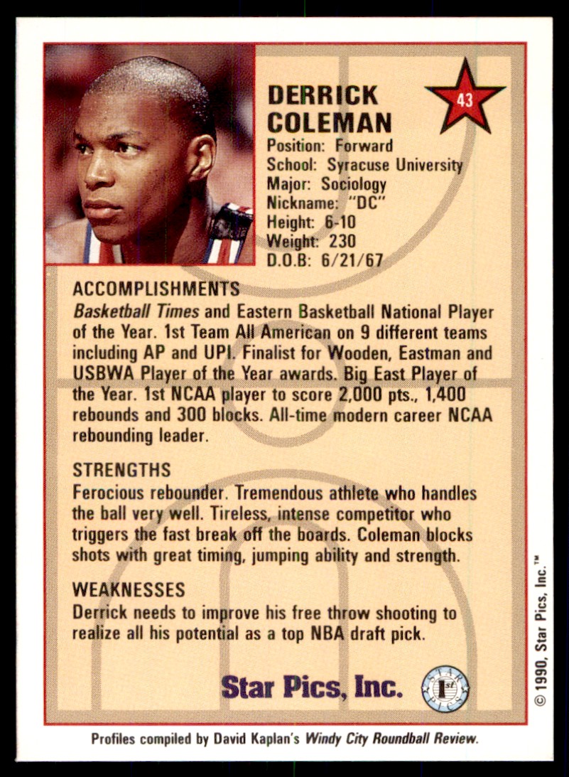 1990-91 Star Pics Derrick Coleman Syracuse Orangemen #43 | eBay