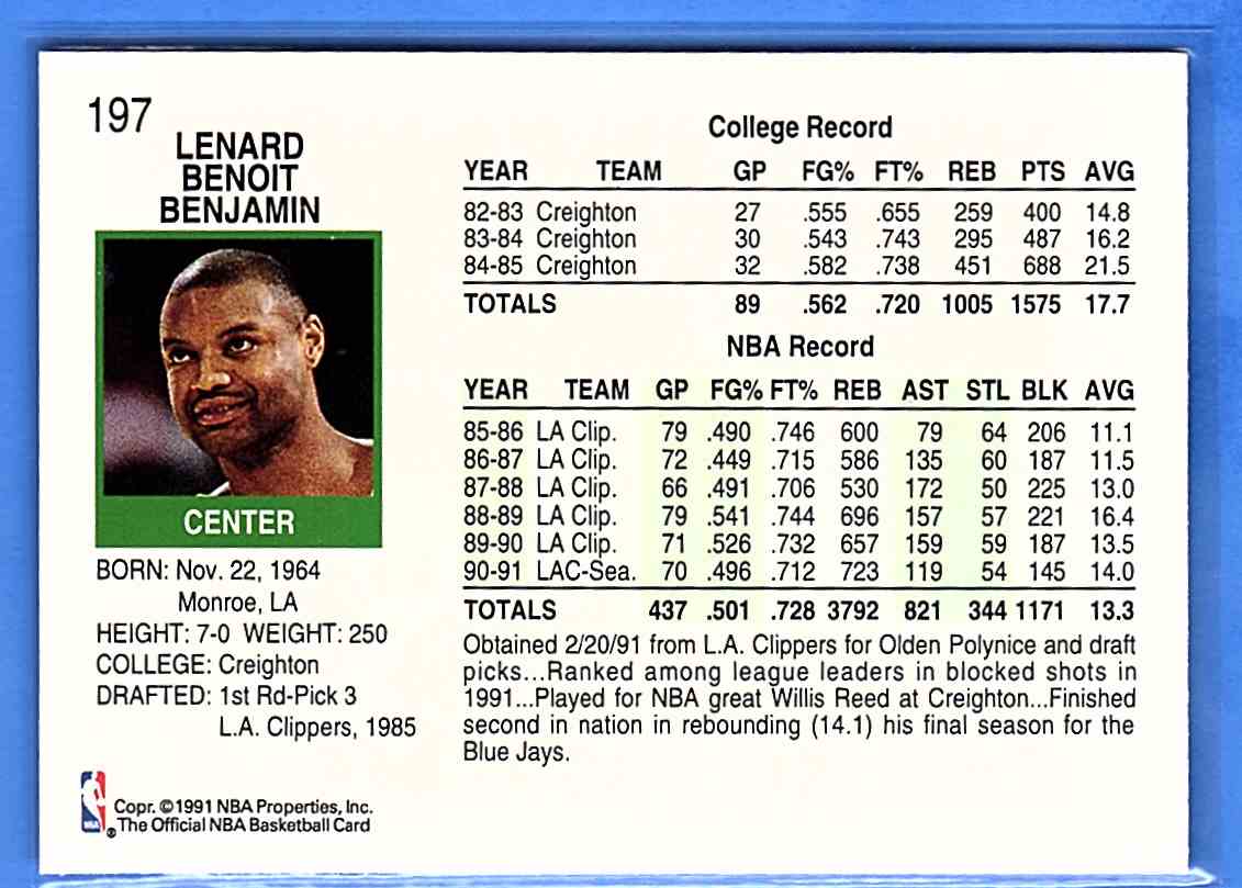 1991-92 Hoops Benoit Benjamin #197 card back image