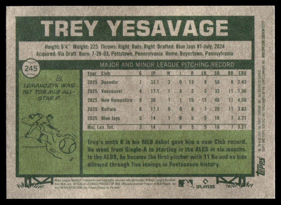 Trey Yesavage 2026 Topps Heritage Rookie Card RC #245 Toronto Blue