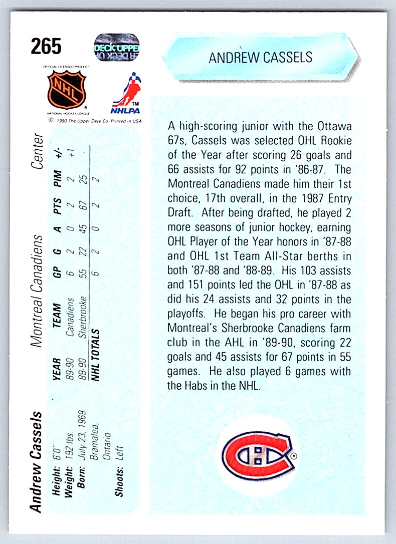 1990-91 Upper Deck Andrew Cassels #265 card back image