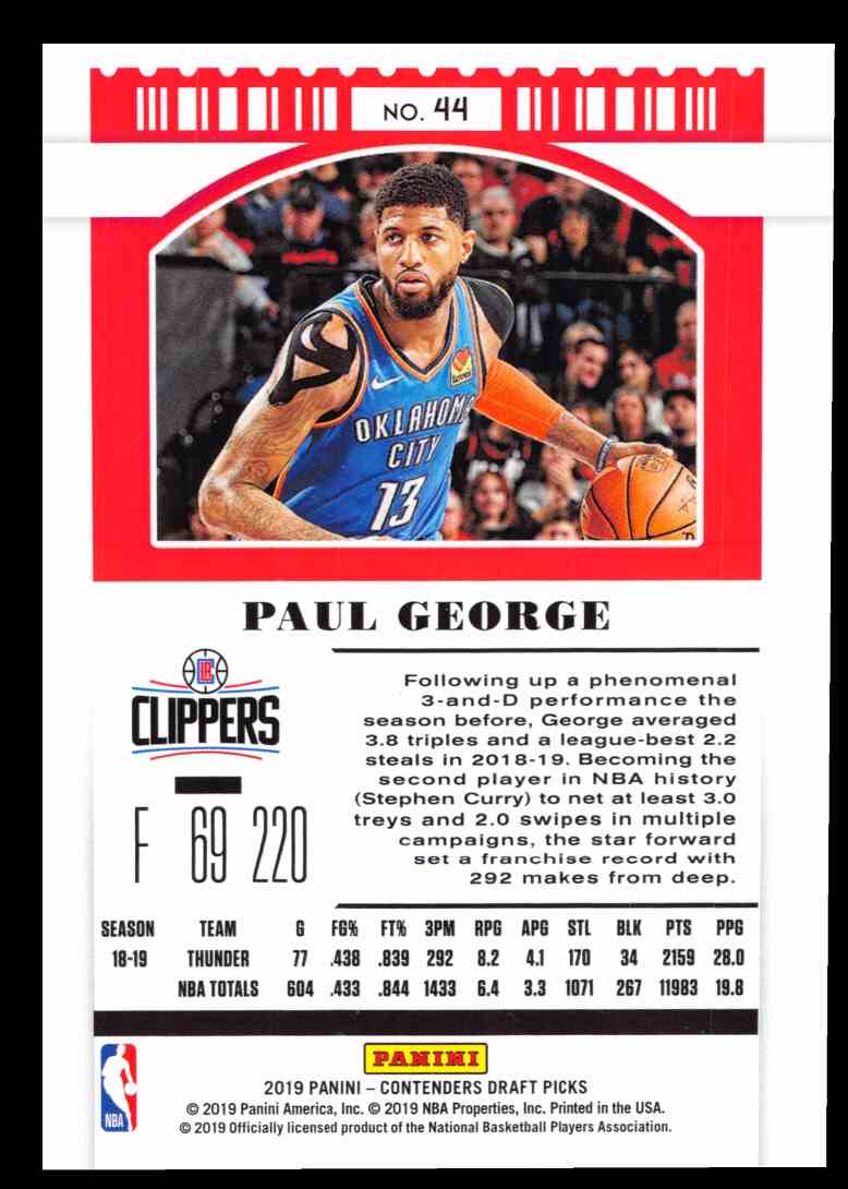 2019-20 Panini Contenders Draft Picks Paul George #44 on Kronozio