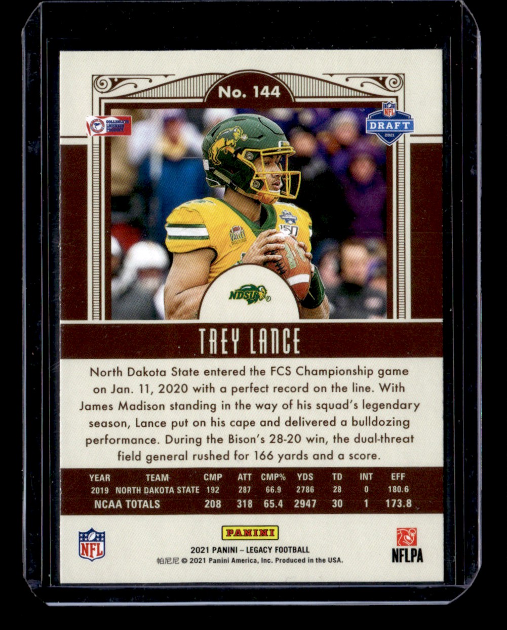2021 Panini Legacy Trey Lance #144 card back image