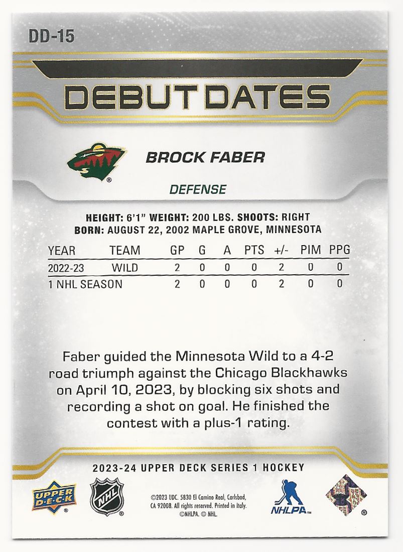 2023-24 Upper Deck Debut Dates Brock Faber #DD-15 card back image