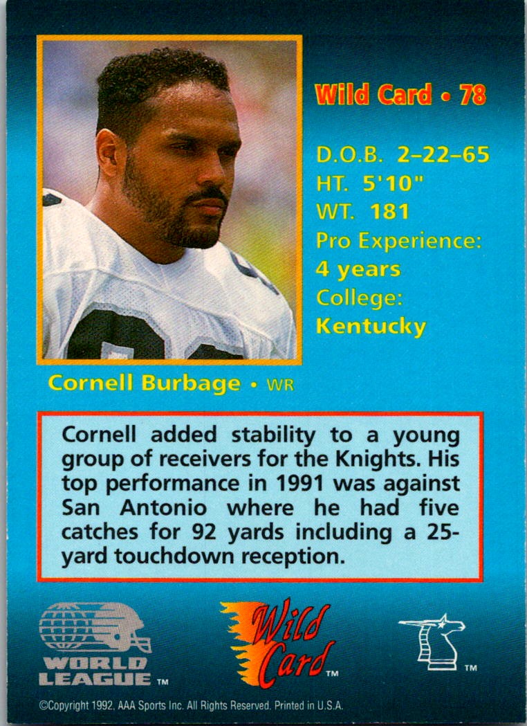 1992 WILD CARD WLAF CORNELL BURBAGE NY NJ KNIGHTS #78 | eBay