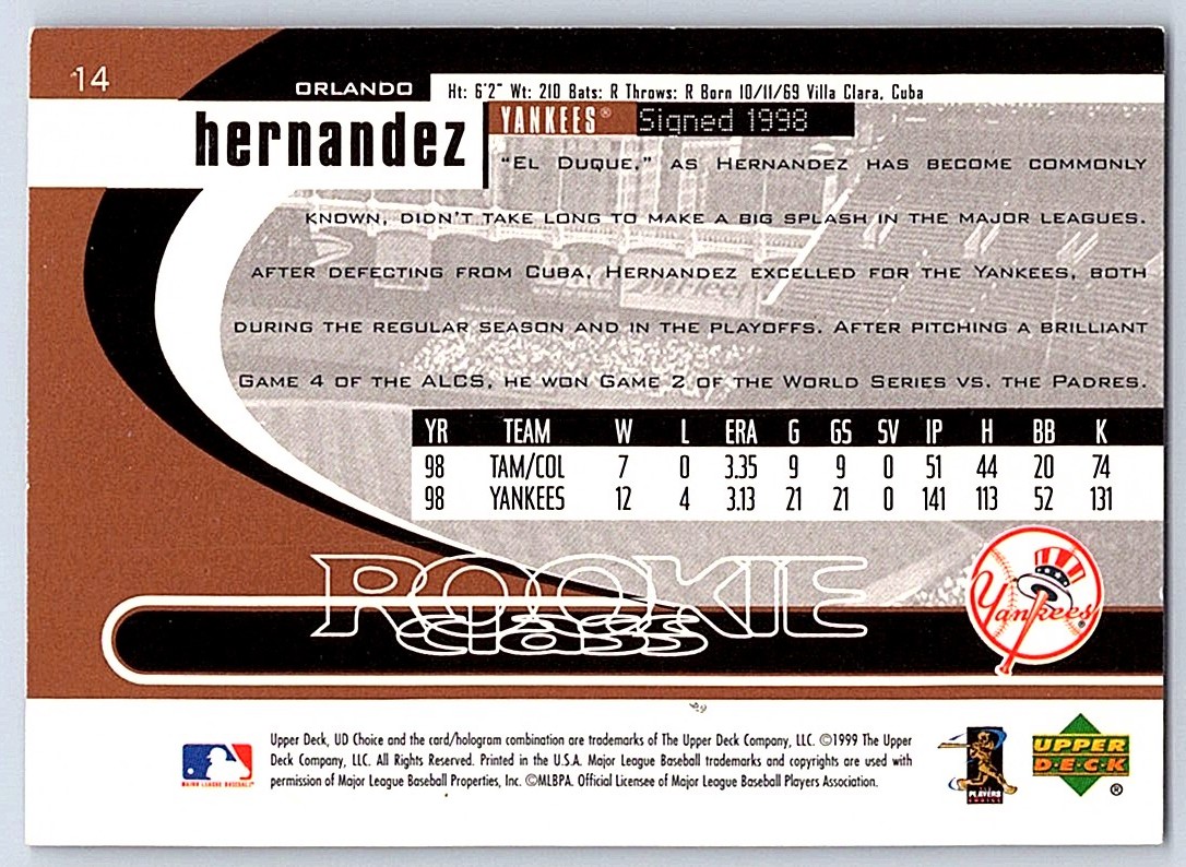 1999 UD Choice Rookie Class Orlando Hernandez #14 card back image
