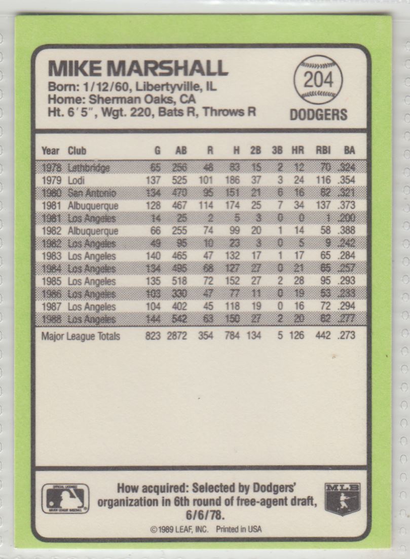 1989 Donruss Baseball's Best Mike Marshall #204 card back image
