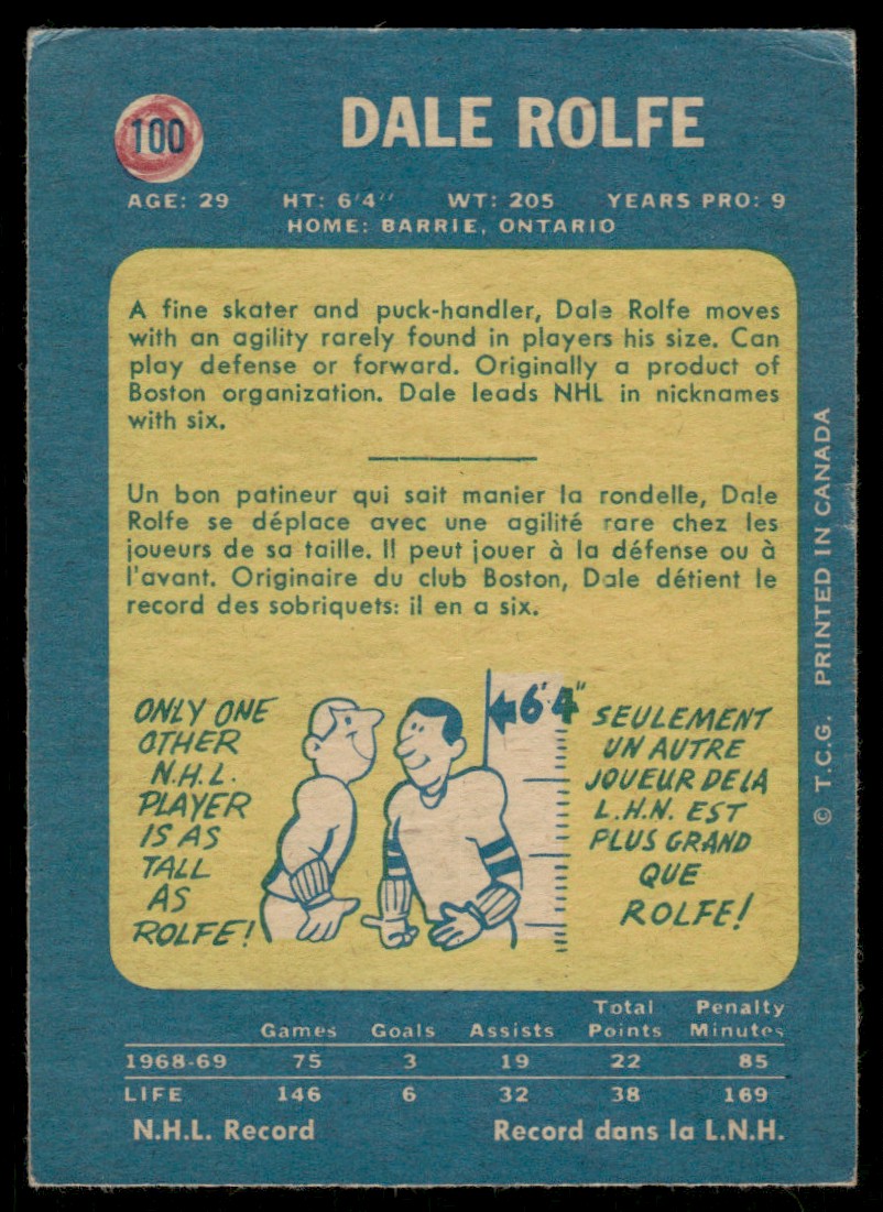 1969-70 O-Pee-Chee Hockey OPC Dale Rolfe #100 card back image