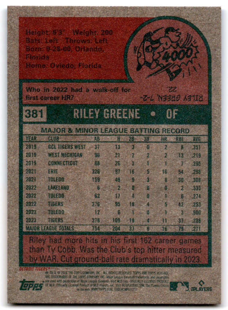 2024 Topps Heritage Riley Greene Detroit Tigers #381 | eBay