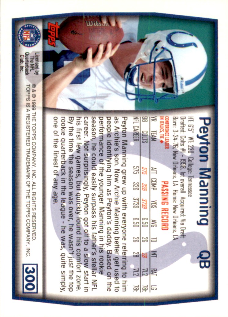 1999 Topps PEYTON MANNING #300 card back image