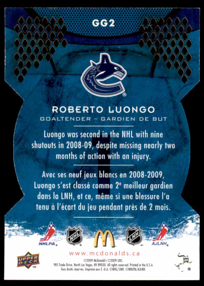 2009-10 Upper Deck Mcdonalds Goaltending Greats Roberto Luongo #GG2 card back image